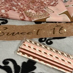 Sweet 16 Party Set with Tiara, Sash, Sashpin, Huge Yard Banner, Paper Straws NEW
